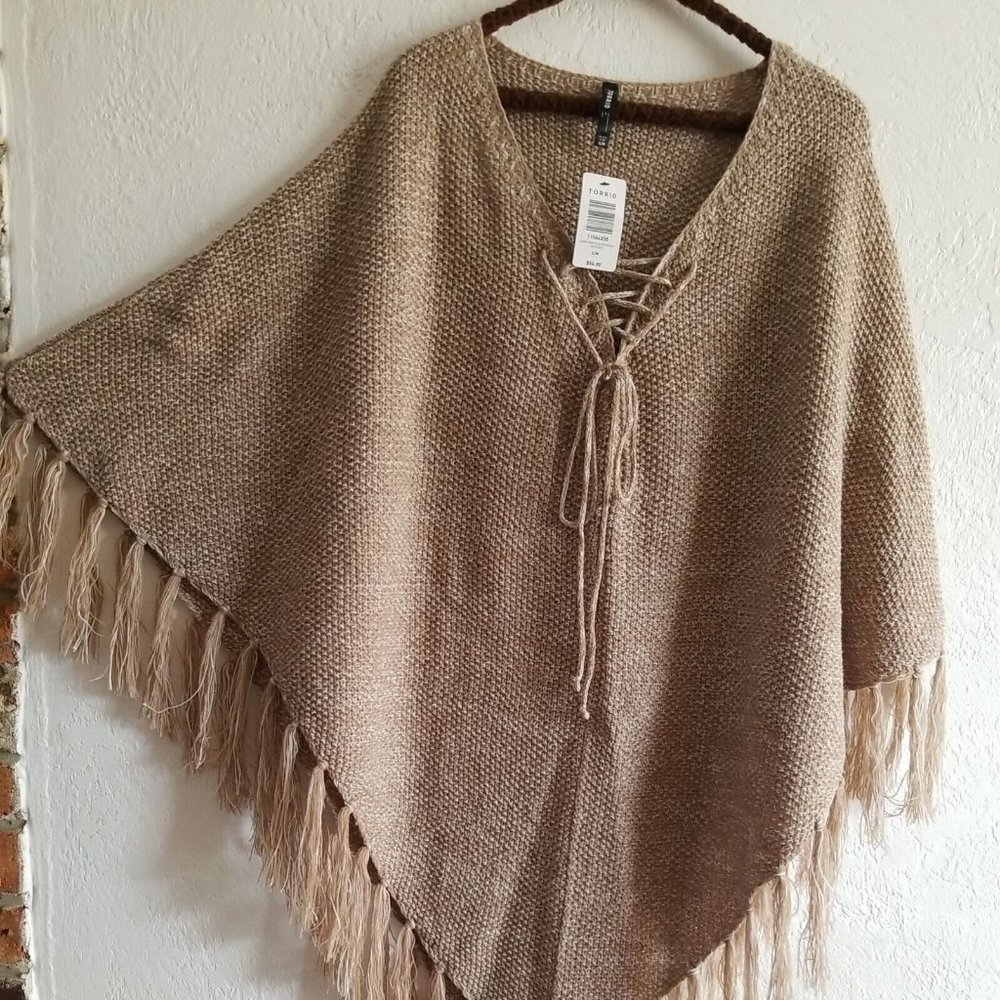 Torrid FRINGE Laceup Wrap Poncho Size S/M Tan NWT